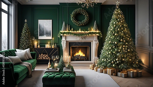 Living room decorated for Christmas with green theme Christmas tree, fireplace and sofa. Christmas image. Card design.緑色のテーマのクリスマスツリーと暖炉とソファーのあるクリスマスの飾りをしたリビングルーム。クリスマスのイメージ。カードデザイン。