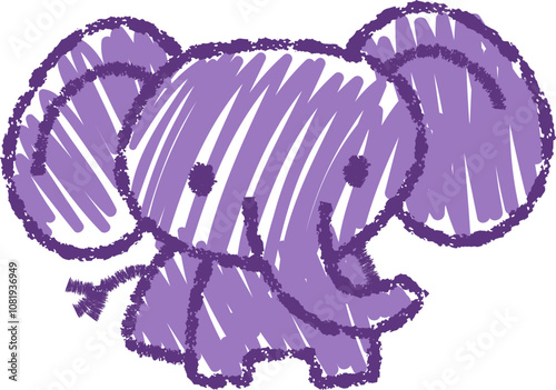 Cute violet elephant, children crayon doodle animals, illustration in childish style. Vector kids hand-drawn drawings