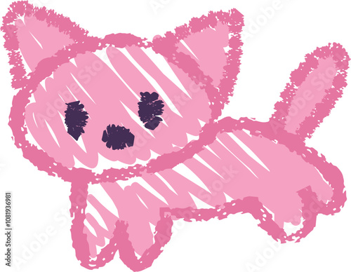 Cute pink cat, children crayon doodle animals, illustration in childish style. Vector kids hand-drawn drawings