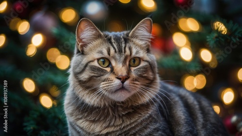 christmas portrait of a cat whit tree chrismas
