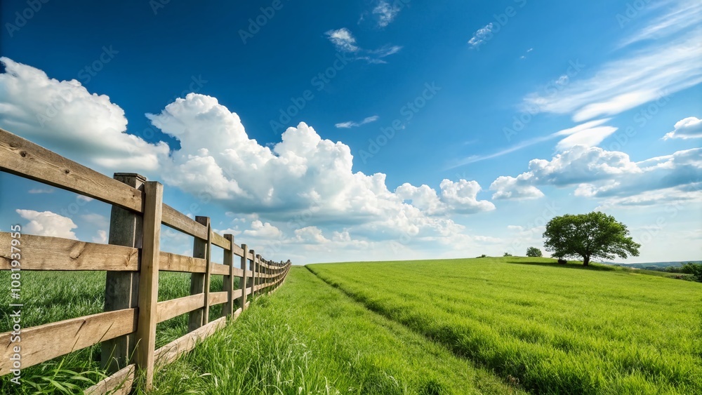 Serene Wooden Fence in a Lush Green Field with Blue Sky and Soft Clouds, Perfect for Nature-Themed Projects, Illustrations, and Backgrounds with Ample Copy Space Serene Wooden Fence in a Lush Green Field with Blue Sky and Soft Clouds, Perfect for Nature-Themed Projects, Illustrations, and Backgrounds with Ample Copy Space