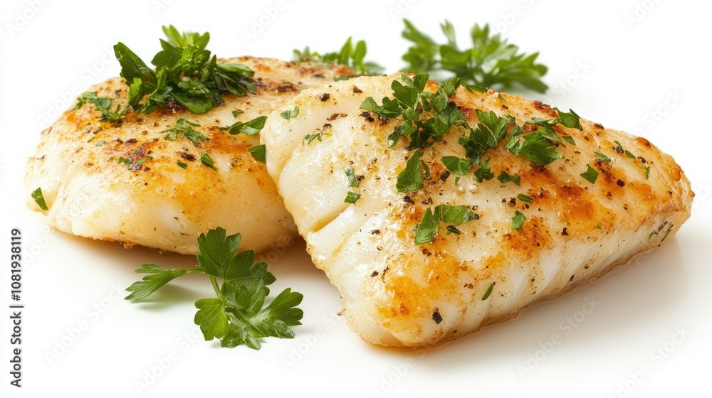 Flaky Fish Fillets Garnished with Fresh Greens Flaky Fish Fillets Garnished with Fresh Greens