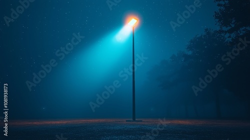 Solo floodlight pierces teal-tinted fog, creating atmospheric cone of light in understated nighttime composition.