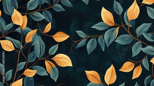 A vibrant pattern of teal and golden leaves, creating a striking contrast against a dark background.