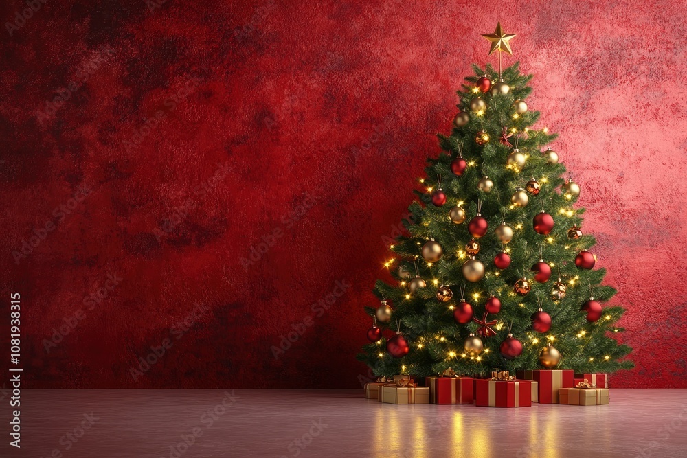 Christmas tree decorated with light start red and golden ball in a red paint concrete wall for a merry chirstmas day. 3d rendering christmas tree. with generative ai Christmas tree decorated with light start red and golden ball in a red paint concrete wall for a merry chirstmas day. 3d rendering christmas tree. with generative ai