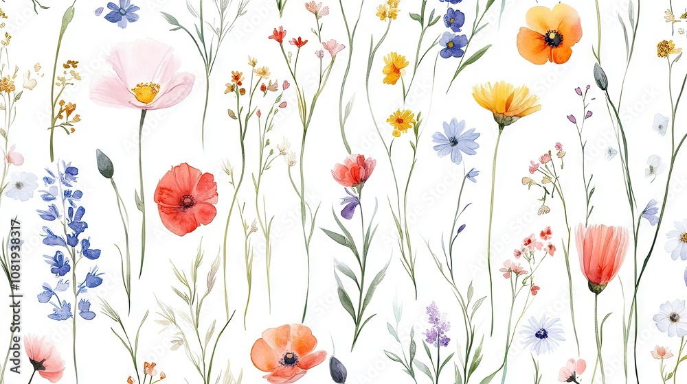A vibrant array of wildflowers features delicate blooms in various colors, creating a cheerful and serene botanical pattern. A vibrant array of wildflowers features delicate blooms in various colors, creating a cheerful and serene botanical pattern.
