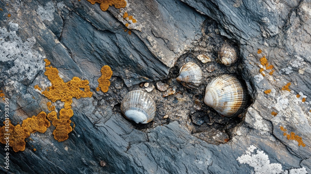 Fossilized Sea Shells on Rocky Surface Fossilized Sea Shells on Rocky Surface