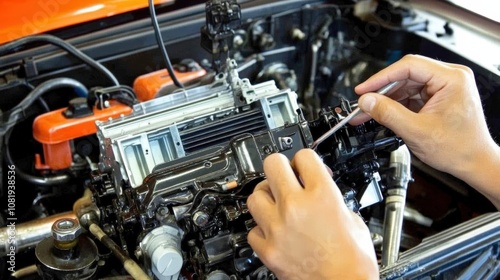 Mechanic's Precision: A close-up shot of a mechanic's hands meticulously working on a complex engine, showcasing their expertise and dedication to precision. photo