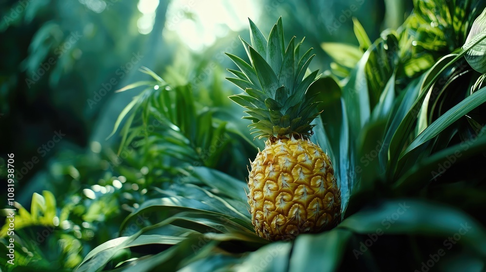 Ripe Pineapple Surrounded by Lush Greenery Ripe Pineapple Surrounded by Lush Greenery