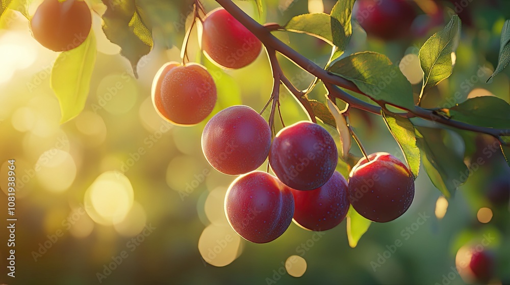 Close-Up of Ripe Plums Hanging from Branch