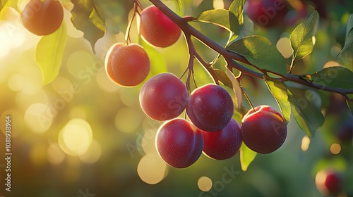 Obraz na płótnie Close-Up of Ripe Plums Hanging from Branch w salonie