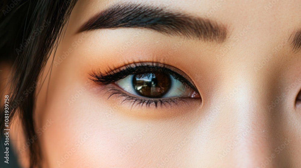 Obraz premium Close-up of a Woman's Eye with Defined Eyeliner and Eyebrows