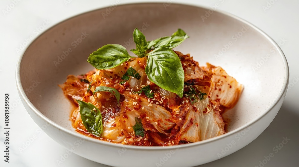 Spicy Kimchi Cabbage in White Bowl with Herbs Spicy Kimchi Cabbage in White Bowl with Herbs