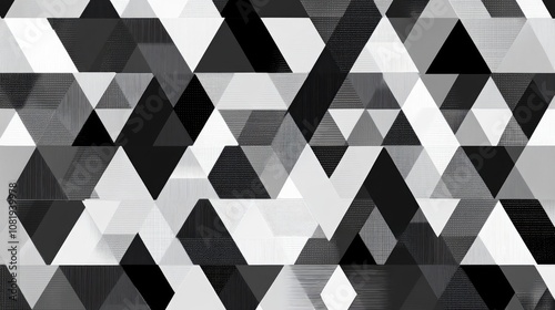 Dynamic black and white geometric pattern featuring an array of triangles in varying sizes.