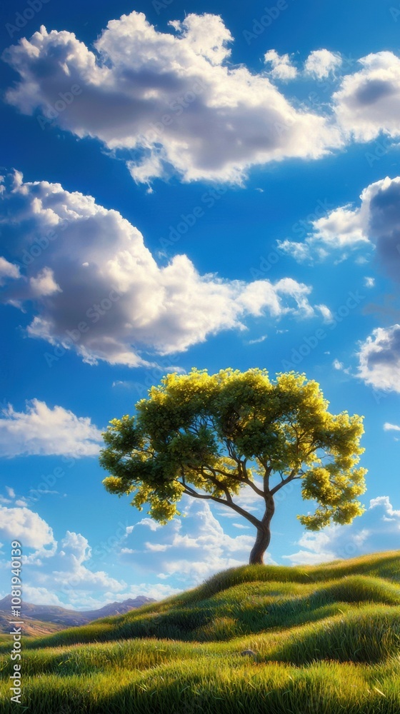 Fototapeta premium Serene tree silhouette rolling hills nature photography bright sky landscape view tranquility in nature