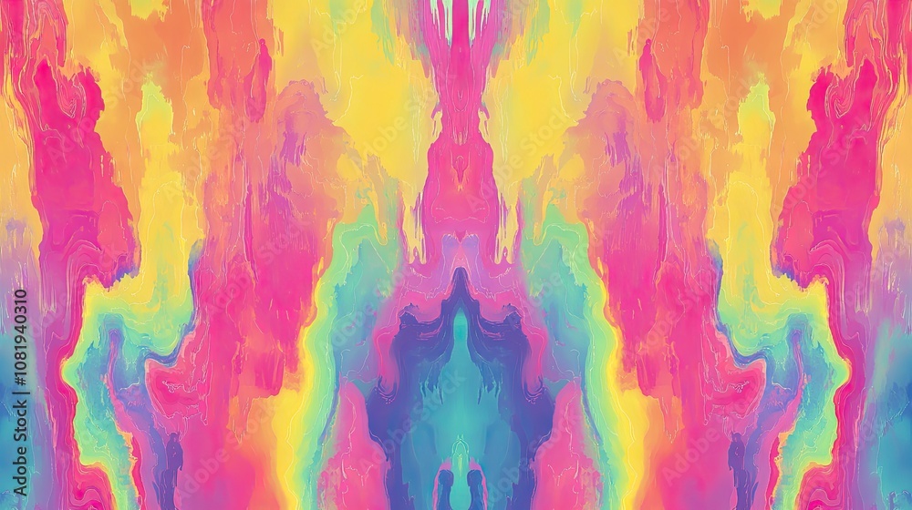 Fototapeta premium A vibrant, abstract swirl of colors in a symmetrical design featuring bright yellows, pinks, and blues.