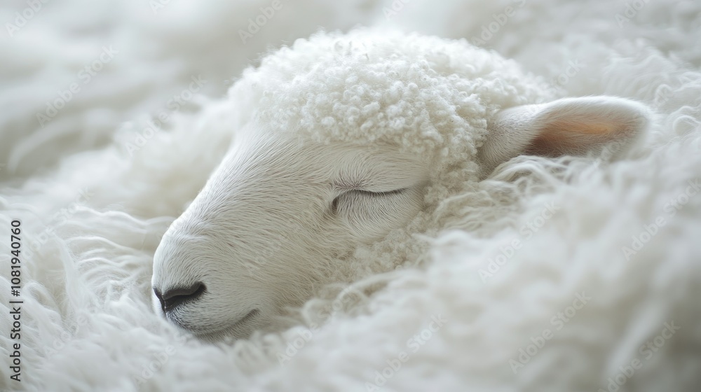Naklejka premium Soft Fluffy White Sheep Resting in Cozy Fur