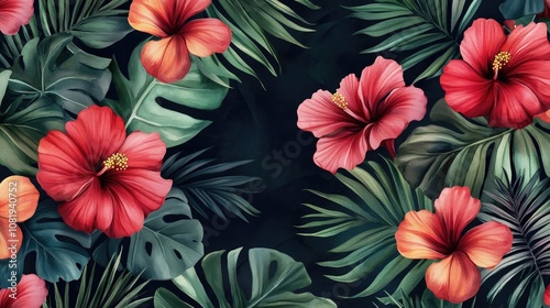 Vibrant tropical floral pattern featuring red hibiscus flowers and lush green foliage.