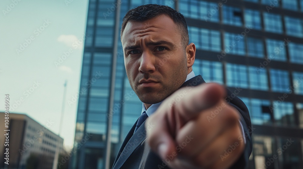 Fototapeta premium Confident Businessman Pointing at Camera in Urban Setting, Emphasizing Leadership and Authority Amidst Modern Architecture and Office Buildings