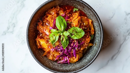 Spicy Kimchi Bowl with Fresh Basil Top