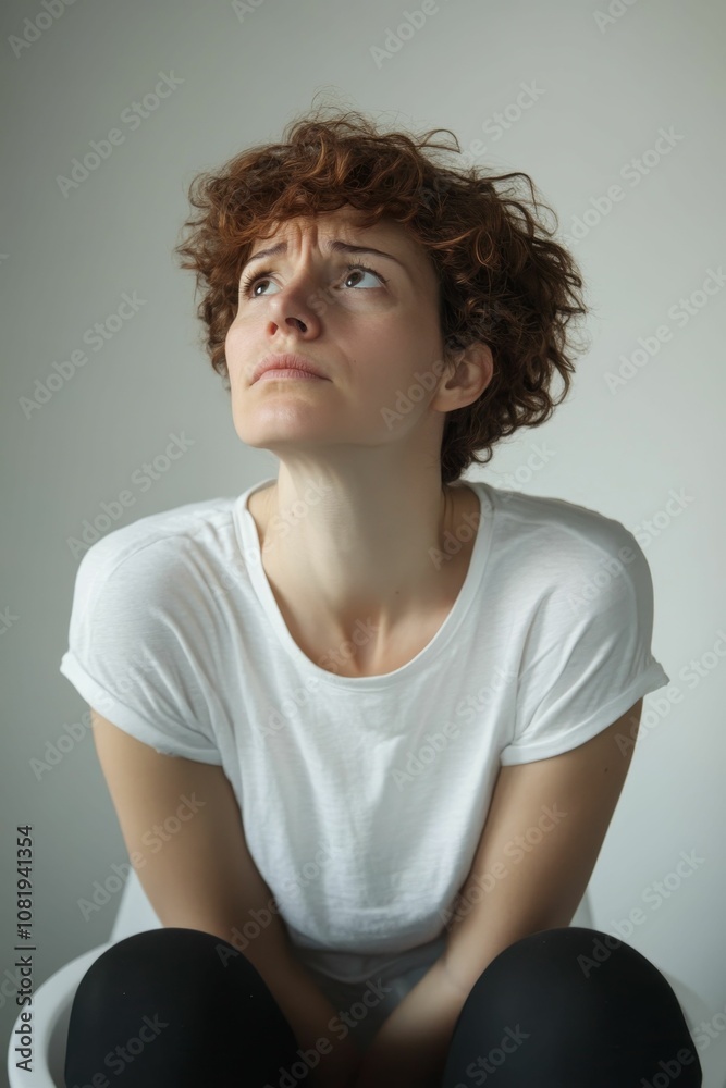Young woman looks up with worried expression. Young woman looks up with worried expression.
