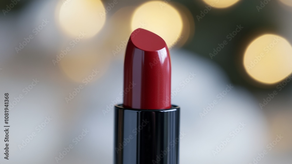 Vibrant Red Lipstick on Black Holder with Soft Focus Background of Twinkling Decorative Lights for Beauty and Fashion Themes