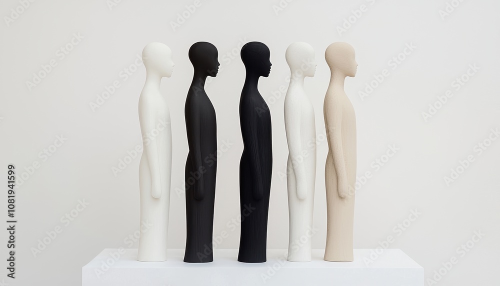 Obraz premium A minimalist sculpture featuring five human-like figures in various skin tones arranged in a row on a display.
