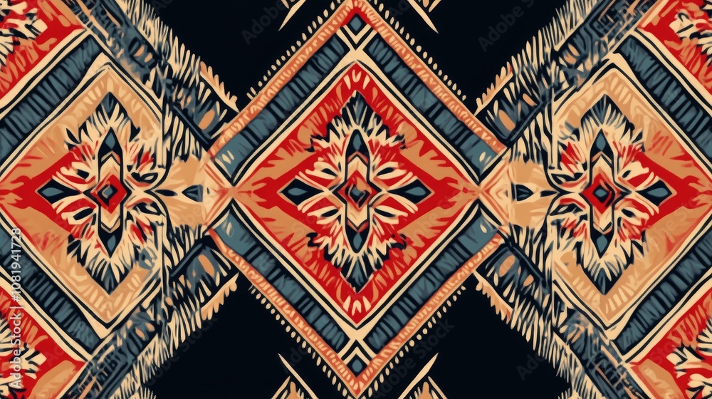 Colorful geometric patterned fabric featuring intricate designs in rich tones. Colorful geometric patterned fabric featuring intricate designs in rich tones.