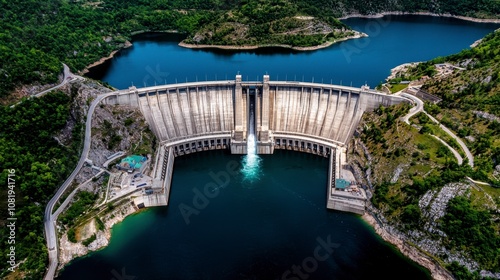 Aerial view of a stunning dam surrounded by lush greenery and serene water.