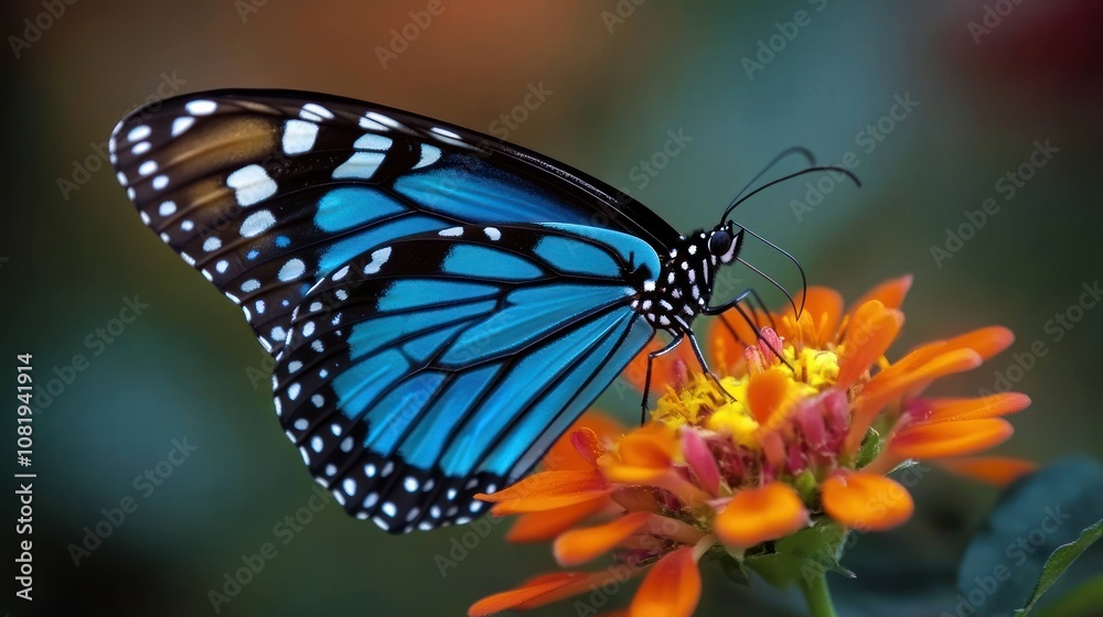 Fototapeta premium Blue and Black Butterfly with White Spots Perched on a Vibrant Orange Flower