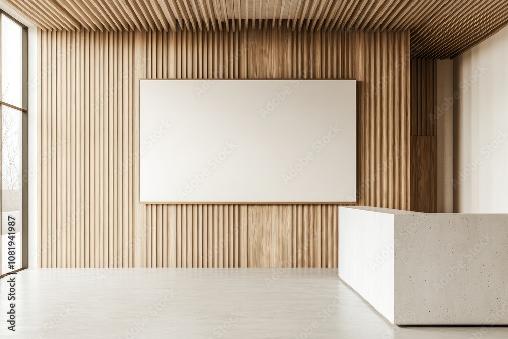 Modern Office with White Concrete Floor, Light Wood Walls, and Blank Screen Mockup Above Conference Table Modern Office with White Concrete Floor, Light Wood Walls, and Blank Screen Mockup Above Conference Table