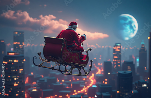 Santa's sleigh flying over a futuristic city, bright neon lights, evening sky.  
