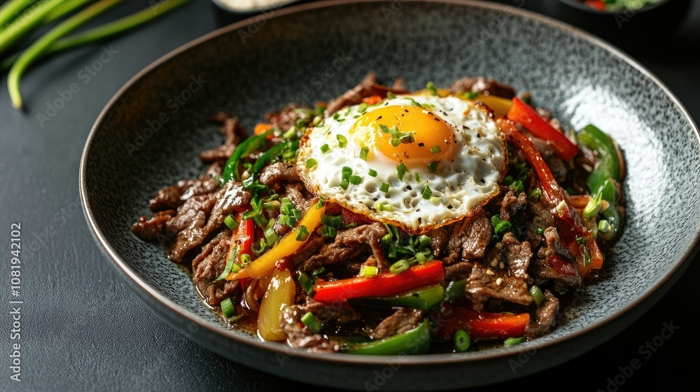 Stir Fried Beef with Vegetables and Egg on Plate Stir Fried Beef with Vegetables and Egg on Plate