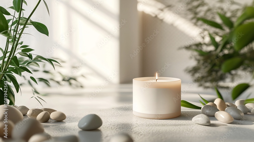 Serene Atmosphere with a Candle and Stones Surrounded by Lush Greenery in a Softly Lit Modern Interior Setting for Tranquility and Relaxation Serene Atmosphere with a Candle and Stones Surrounded by Lush Greenery in a Softly Lit Modern Interior Setting for Tranquility and Relaxation