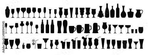 Silhouettes various alcohol cocktail glasses bar set. Black Isolated Glasses of wine, glasses of beer, bar bottles and shot glasses