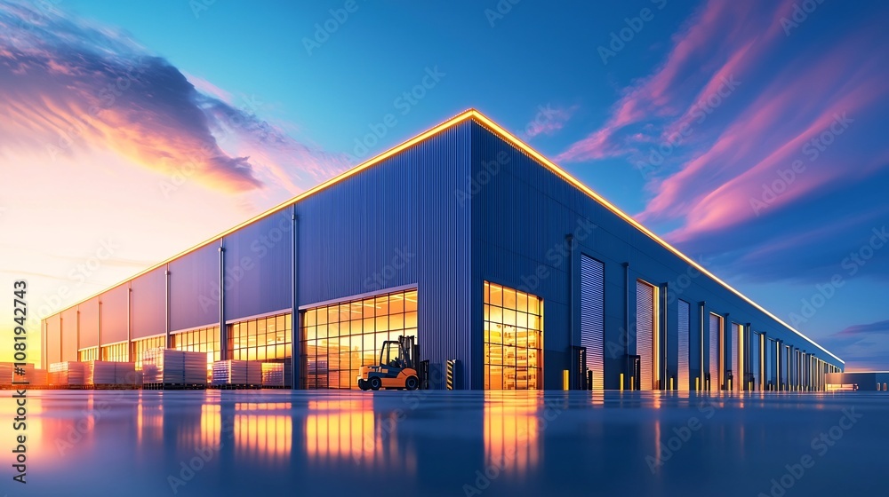 Obraz premium Modern Warehouse Exterior with Forklift,Cargo,and Loading Docks at Dramatic Sunset