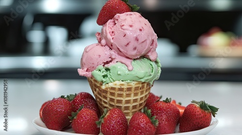 Delicious Pink and Green Ice Cream Treat with Strawberries