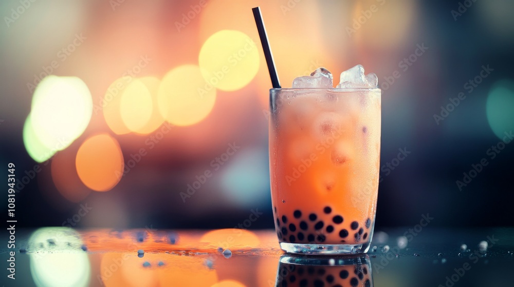 Refreshing and Colorful Bubble Tea in a Clear Glass with Ice, Straw and Blurry Background, Perfect for Summer Beverage Promotions and Social Media Posts Refreshing and Colorful Bubble Tea in a Clear Glass with Ice, Straw and Blurry Background, Perfect for Summer Beverage Promotions and Social Media Posts