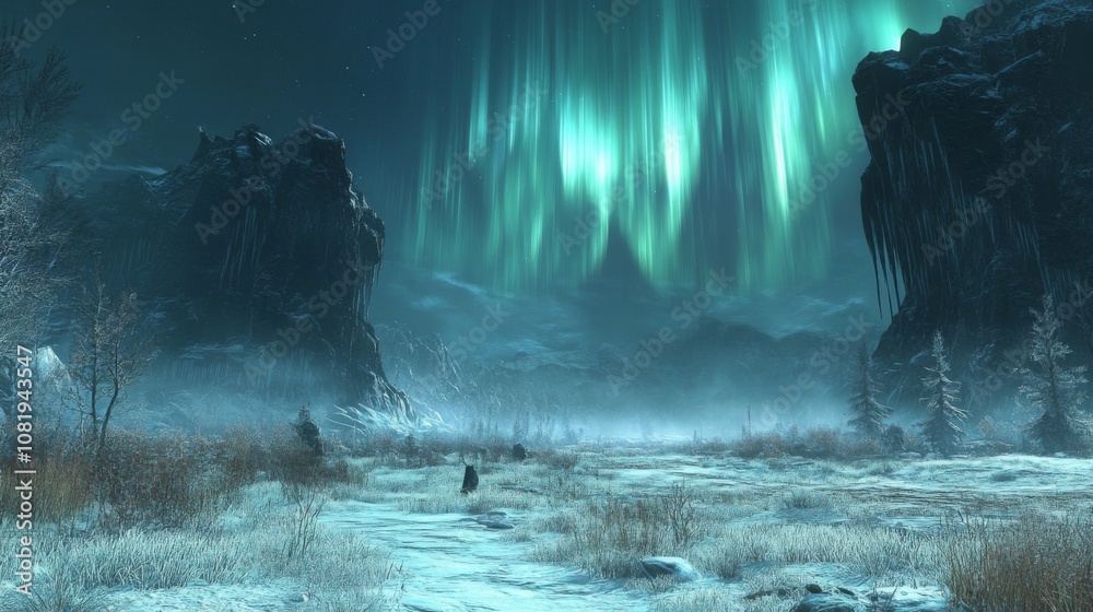 Fototapeta premium Enchanting Landscape Under the Northern Lights, Featuring Majestic Snowy Mountains and a Mystical Atmosphere, Capturing the Essence of Nature's Beauty at Night