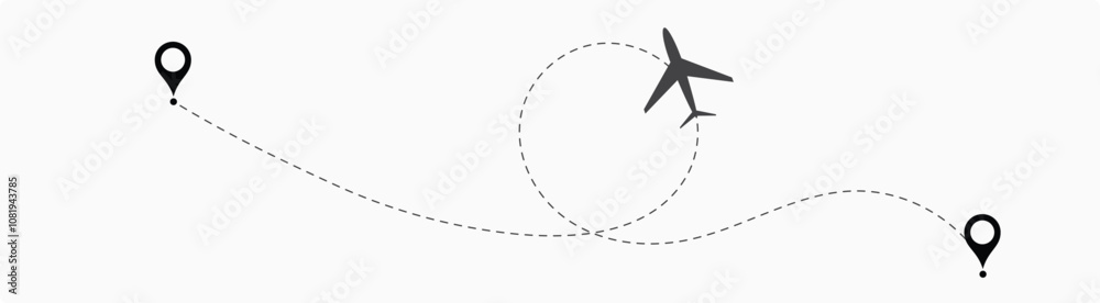 Airplane line path vector icon set of air plane flight route with start point and dash line trace. Plane vector icon and dotted line airplane path 16