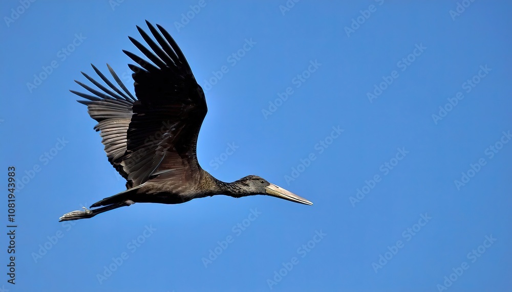 Fototapeta premium African openbill - Anastomus lamelligerus - are large, long legged, long necked wading birds with long, stout bills. they use soaring, gliding flight, which conserves energy