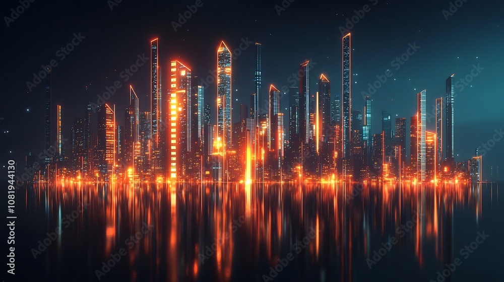 Glowing Cityscape Skyline Lighting Up with Loading Progress Bar Symbolizing Urban Growth and Development Glowing Cityscape Skyline Lighting Up with Loading Progress Bar Symbolizing Urban Growth and Development