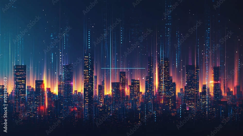 Fototapeta premium Digital urban skyline lights up gradually with progress bar symbolizing growth and development