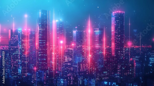 Vibrant Digital City Skyline Lighting Up with Progress Bar Loading Concept