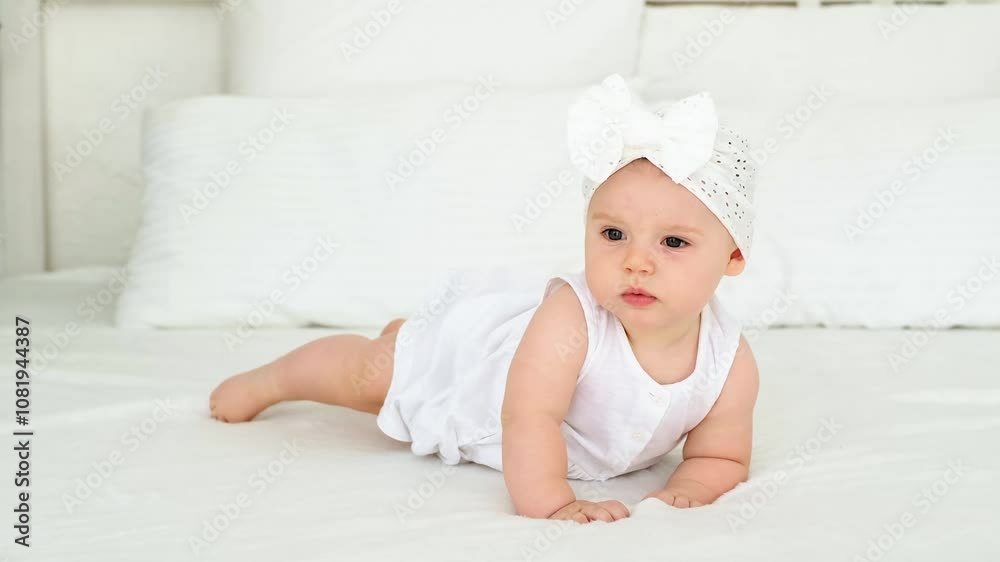 A baby girl is smiling at home on a white bed with a bow on her head, a happy healthy baby of six months A baby girl is smiling at home on a white bed with a bow on her head, a happy healthy baby of six months