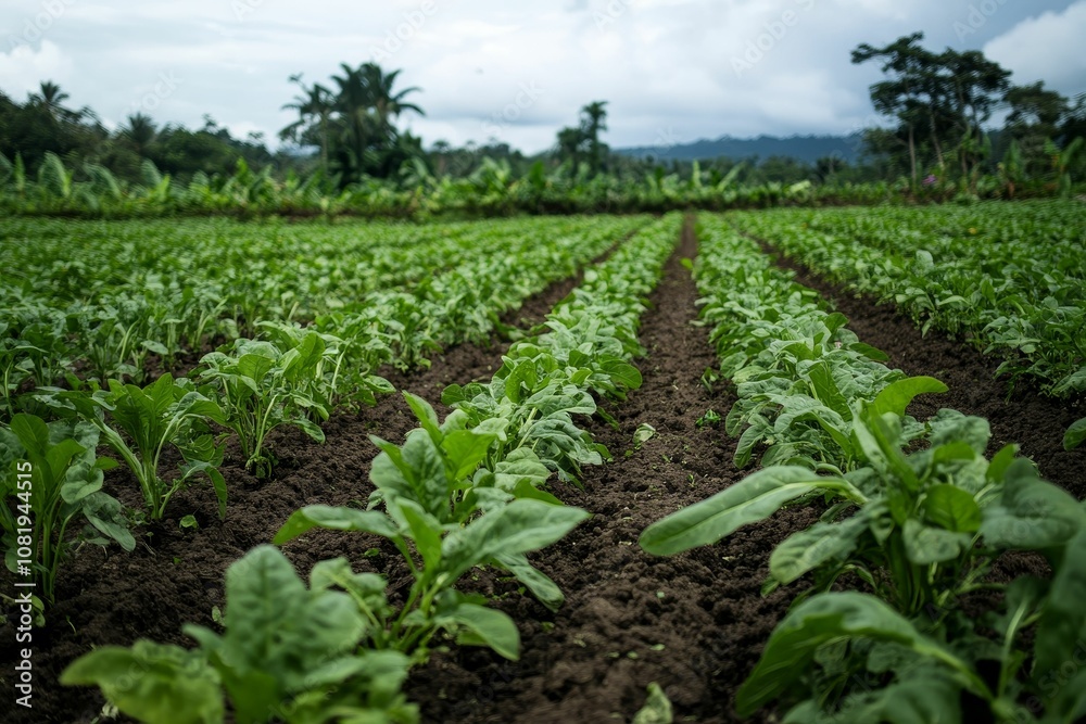 Rows of green leafy plants in a field. Rows of green leafy plants in a field.
