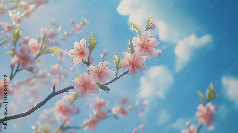 beautiful illustration of pink flower blossom against blue sky beautiful illustration of pink flower blossom against blue sky