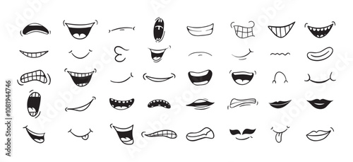 Cartoon mouth happy, smile, sad, angry expression doodle set. Hand drawn mouth, tongue caricature icon. Funny comic mouth collection 