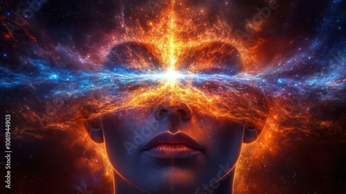 Cosmic Energy Illuminates a Woman's Face in a 3D Abstract Background, Embracing the Universe's Mystical Power