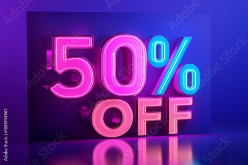 Vibrant, eye-catching "50% OFF" in 3D with dynamic shadows and glowing effects, ideal for sales or promotional banners. 